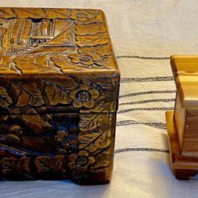 (2) Vintage Jewelry Boxes (1) Hand Carved Hong King And One Pine 