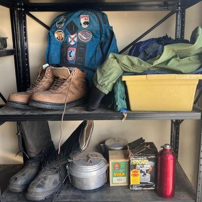 Camping Lot - Portable Camp Stoves, Mess Kit, Back Packs, Kamik Chota Size 11 Boots, And More