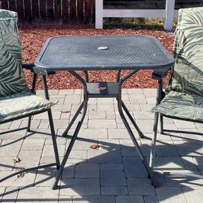 Vintage Square Black Wrought Iron Table With Two Folding Black Iron Chairs W Plastic Arm Rests & Pads 
