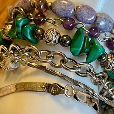 Sterling Silver & Bead 7 Inch Bracelets - Amethyst - Malachite - Purple Bead 