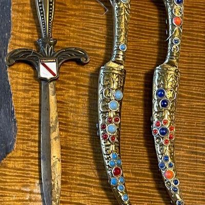 (2) Vintage Turkey Brass And Bead Knives W Sheaths & Strasbourg Letter Opener