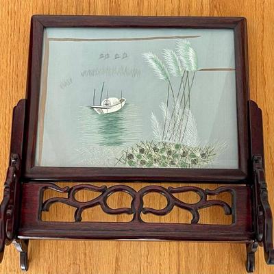 Double Sided Chinese Table Screen With Embroidered Silk Panel Sampan And Water