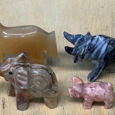 (4) Small Carved Stone Animals - Elephant, Pig, Bull, And Horse