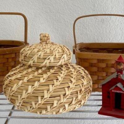 Vintage Round And Square Covered Baskets, School House, And Manger