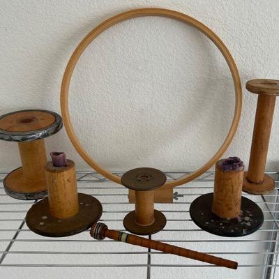 Assorted Antique Bobbins With Pair Of Converted Bobbin Candle Holders And Wooden Embroidery Hoop 