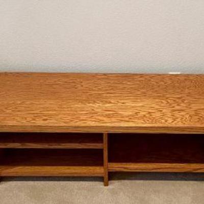 97" Solid Oak Bench With Bottom Shelves And Cubby Storage