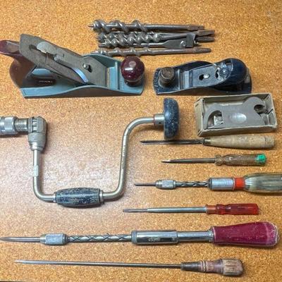 Vintage Hand Tools - Stanley Planers, Hand Drill, Wood Bits, And Handyman Screwdrivers