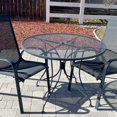 Vintage Wrought Iron Black Round Patio Table With (2) Black Mesh Patio Chairs 