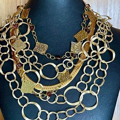 (3) Gold Tone Statement Piece Necklaces