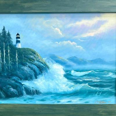 Original Signed Ocean Landscape Oil On Canvas In Wood Frame