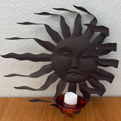 Metal Sunface Wall Hanging With Zodaz Art Glass Votive Candle Holder 