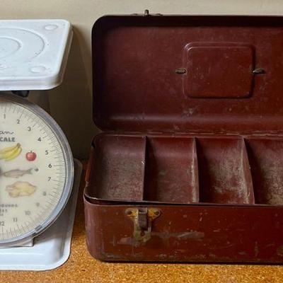 Vintage Metal Tool Box With Insert And A 25 Pound American Family Scale