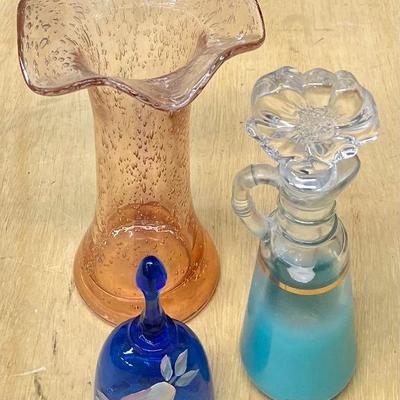 Hand Painted Fenton Bell, Anchor Hocking Cruet, And A 7.5" Art Glass Vase