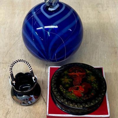 5" Art Glass Float Reproduction With A Miniature Japanese Vase And Lacquer Trinket Box