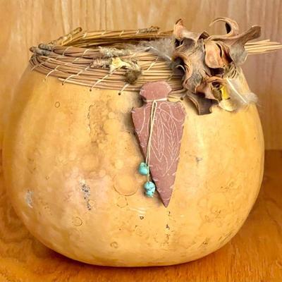 Hand Made Native American Carved Gourd With Arrowhead And Turquoise