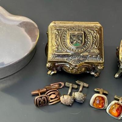 (2) Heidelberg Gold-tone & Enamel Lion Trinket Boxes (1) Pewter Heart - Amerik Cuff Links 