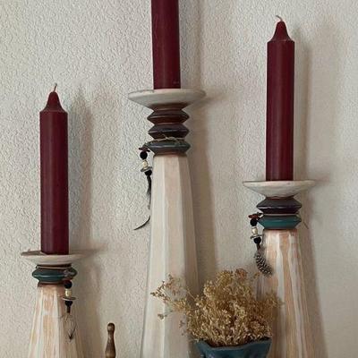 Set Of (3) 1999 Signed Southwestern Pillar Candle Holders With Ceramic DeGrazia Bell And A Heinan Pottery Vase
