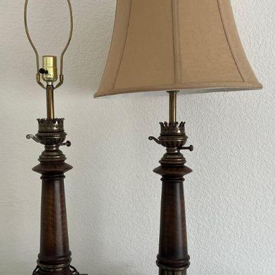 Pair Of Vintage 31" Brass And Faux Wood Table Lamp - (1) With Shade