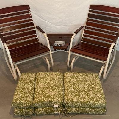 One Piece Wood And Metal Gliding Rocker Set With Table And Cushions