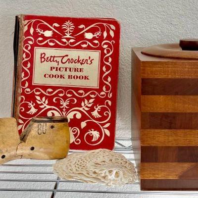 MCM Teak Ice Bucket With Lid, 1950 Betty Crocker Picture Cook Book (as Is), Doilies, And Antique Cobbler Shoe