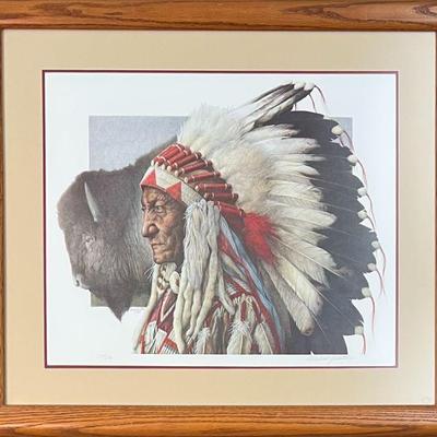 Michael Gnatek " Sitting Bull" Signed Limited Edition Print 179 Of 600 In Custom Oak Frame And Glass Front