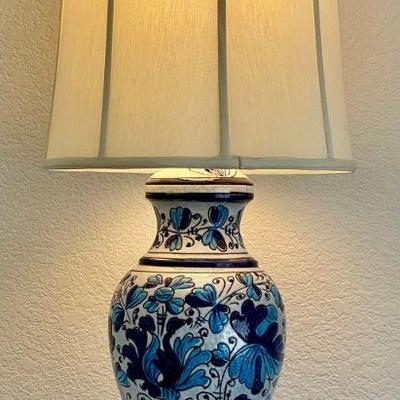 Vintage Blue And White Ceramic Lamp With Glass Globe And Shade