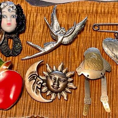 Assorted Vintage Pins - Angel - Porcelain Face - Apple -moon & Stars - Heart