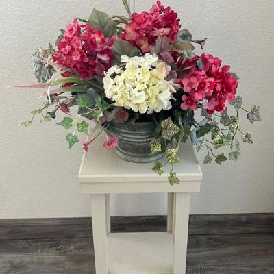 Small White 2-tier Plant Stand With Faux Flowers And Resin Planter 