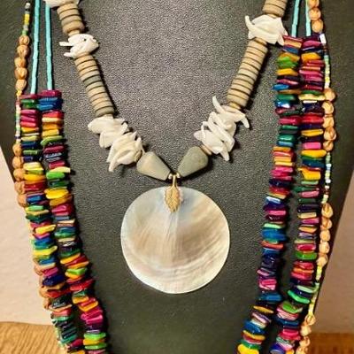 3 Vintage Mother Of Pearl Shell And Seed Pod Necklaces 
