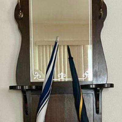 75" Vintage Dark Stain Pine Hall Tree With Porcelain And Brass Hooks, (2) Umbrellas With Brass Inserts