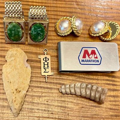 Gentlemen's Dresser Lot - Vintage Cuff Links - Marathon Zippo Money Clip - Rattle Snake Tail - Arrowhead 