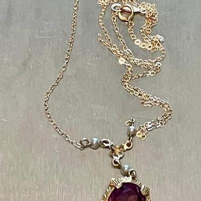 14k Gold - Pearl & Amethyst 18 Inch Delicate Pendant Necklace 2.06 Grams  (as Is)