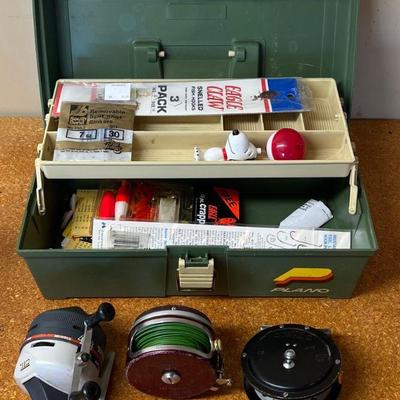 Small Plano Plastic Tackle Box With Lures, Hooks And Reels
