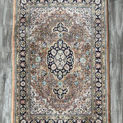 Vintage Hand Woven Silk Rug With Fringe