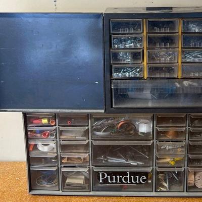 (2) Metal And Plastic Hardware Organizers With Contents - Nails, Wire Caps, Screws, And More