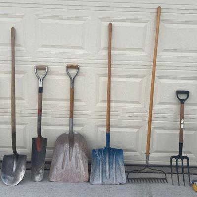 Yard Tool Lot - Assorted Size Shovels, Rake, Pitch Fork, & Mop
