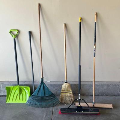 Hand Tool Lot - Brooms, Rake, Shovels, Shop Brooms