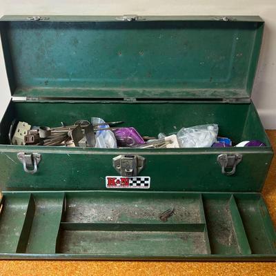 Vintage 19" Green Metal Tool Box With Assorted Tools And Hardware
