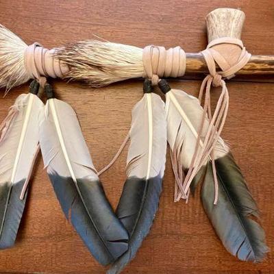 Native American Wood Peace Pipe With Deer Antler, Leather, Porcupine Hairs, And Feathers 