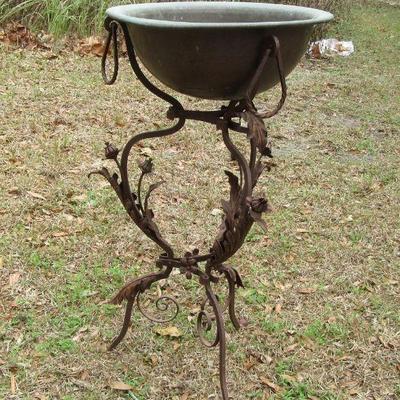 Antique Wrought Iron and Copper Jardiniere with Hand Beaten Copper Bowl & Riveted Handles - 18" Diameter x 31"