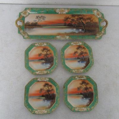 Vintage Noritake Landscape with Green/Gold Rim Hors d'Oeuvres Set - Tray with 4 Plates