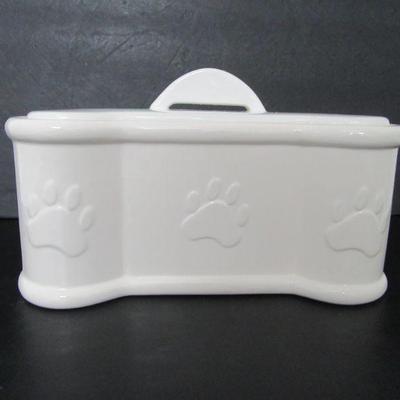Vintage Ceramic Dog Bone Shaped Cookie Jar with Relief Paw Print Decoration - 11" x 6¾" x 7¼"