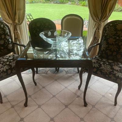 HAND CARVED GLASS TOP TABLE & 4 CHAIRS