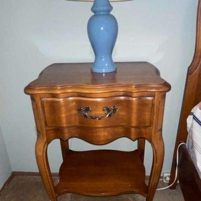Pair of french provincial wood table blue lamps