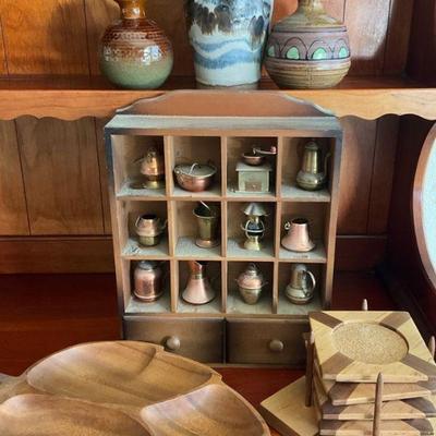Otagiri stoneware hardwood tray & brass miniature collectibles
