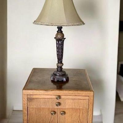Side table with copper top and table lamp