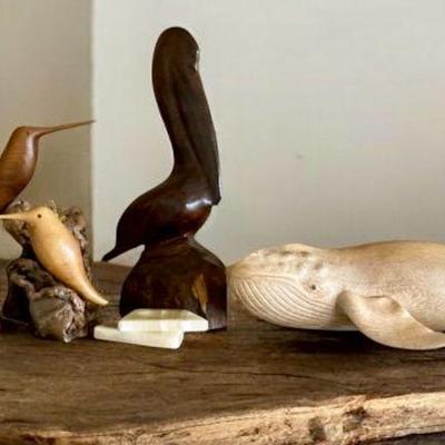 Figurines wood pelican hummingbirds and whale, lenox elephant