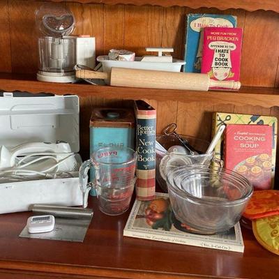 Baking supplies and vintage kitchen items