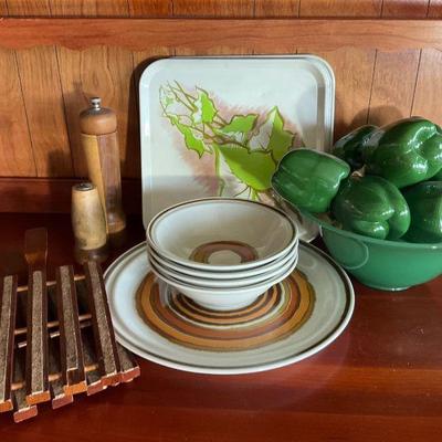 Japan acsons stoneware glass jade bowl, tin trays, trivets, & more