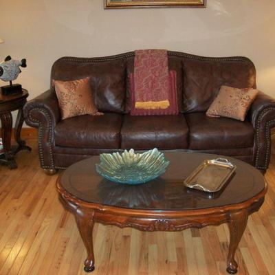 Leather Sofa w/table and custom cut glass